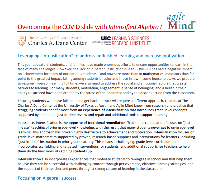 Intensified Algebra I white paper