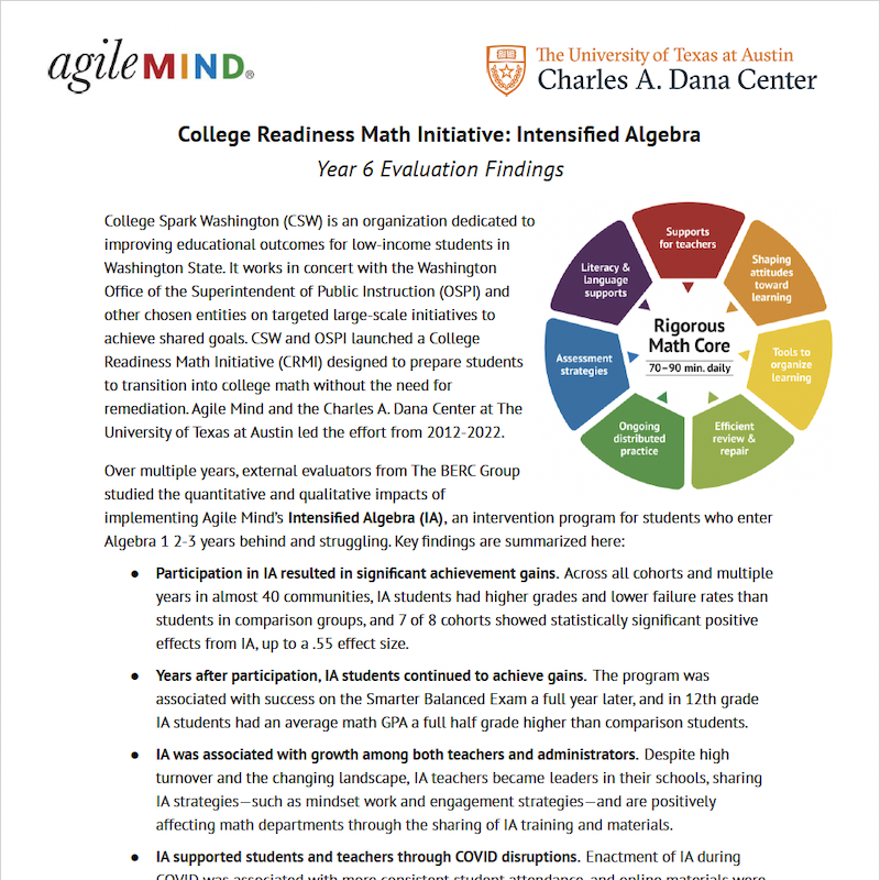 AgileMind BERC Report Summary and Highlights CRMI Intensified Algebra